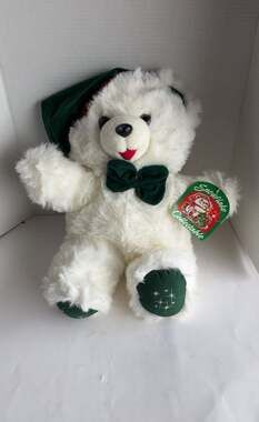 Snowflake Collectable Christmas White Bear with Green Hat and Bow 1990 Vintage